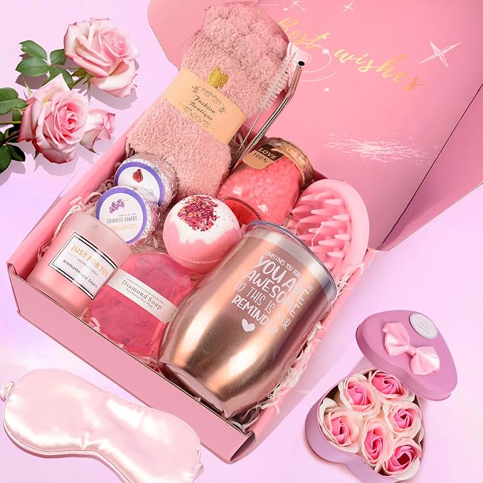 12 Piece Spa Gifts Set for Women, Self Care Gift Basket for Mom Wife Her, Relaxing Gifts with Eye Mask, Water Bottle, Bath Bombs, Aromatherapy for Valentines Day, Birthday, Christmas (Rose)