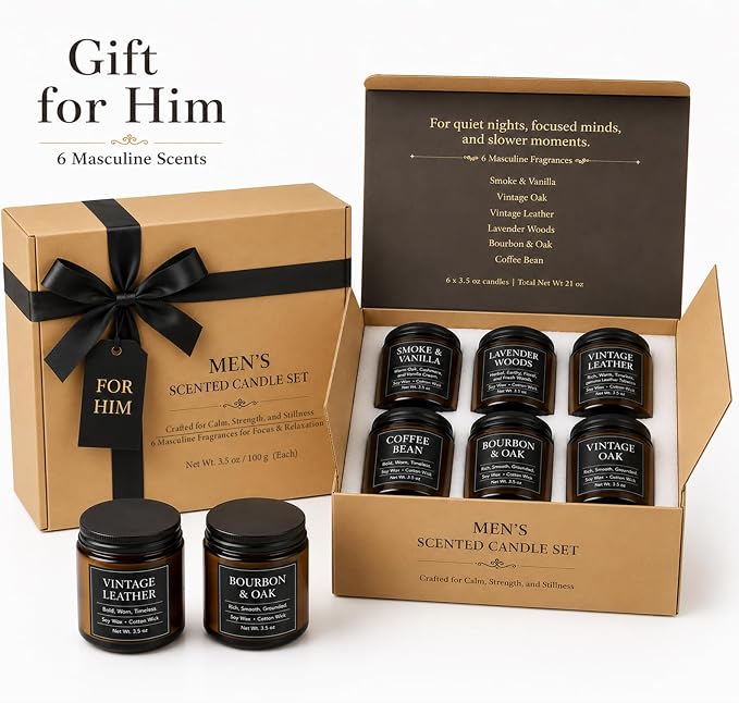 Candles for Men Gift Set, 6 x 3.5 oz / 100 g Scented Soy Candles for Home, Masculine Aromatherapy Candles Gifts Sets for Birthday Father's Day Anniversary Christmas Men
