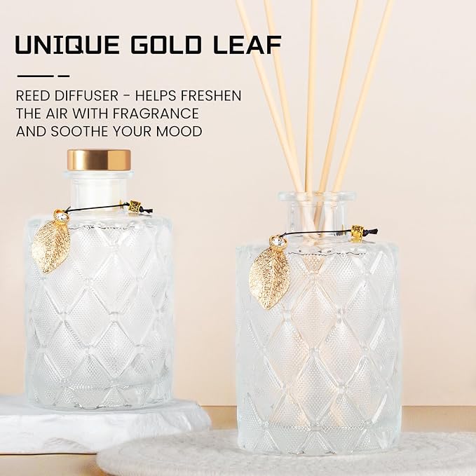 Glass Reed Diffusers Bottles for Home, Diffuser Bottles with 40PCS Reed Diffuser Sticks, Vintage Embossed Apothecary Style Flower Bud Vases with Cork Lids, Set of 6