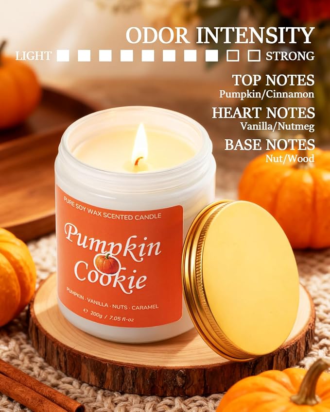 Fall Scented Candle for Home, Pumpkin Cookie 7.05 oz 40 Hour Burn Time, Long Lasting Soy Jar Candle, Gifts for Christmas, Halloween, Mother's Day, Inspirational Gifts for Women, Aromatherapy