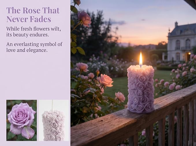 Rose Flower Engraved Scented Candle,Purple Rose Cluster Design,Floral Soy Wax Aroma Decorative Pillar Candle for Valentine's Day,Birthdays & Aesthetic Spaces