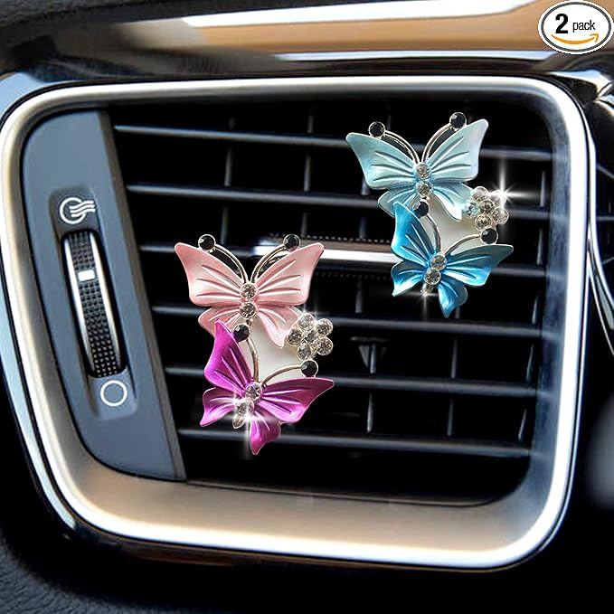 Bling Butterfly Car Air Vent Clip, Cute Rhinestone Air Freshener Clip, Glam SUV Outlet Vent Decorations, Charm Car Inter Decor Accessories for Girls Women (2Pink + 2Blue)