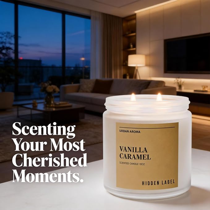 Hidden Label Vanilla Caramel Soy Candle, 12oz 2-Wick, 70H Gourmand Sweet | Non-Toxic Vegan Soy Wax | Vanilla Caramel Bakery Gourmand | Even Melt No Tunneling | Kitchen Living Room Cozy Gift