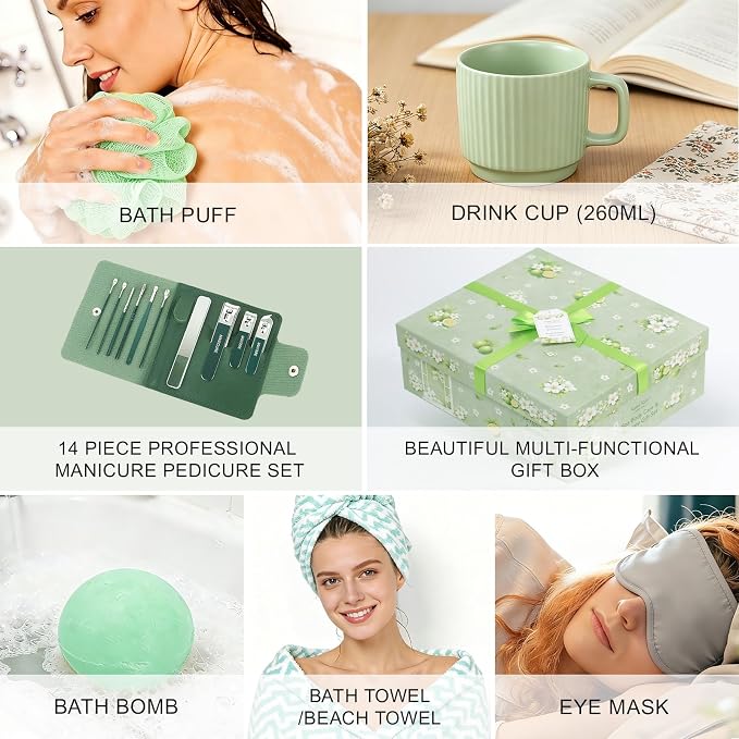 30 Pcs Spa Gifts for Women & Men, Bergamot Jasmine Bath & Body Gift Basket | Self-Care Relaxation Set, Face Skin Care Kit, Home Spa Gift, Birthday Christmas Anniversary, Cup Gift spa kit for Man & Mom
