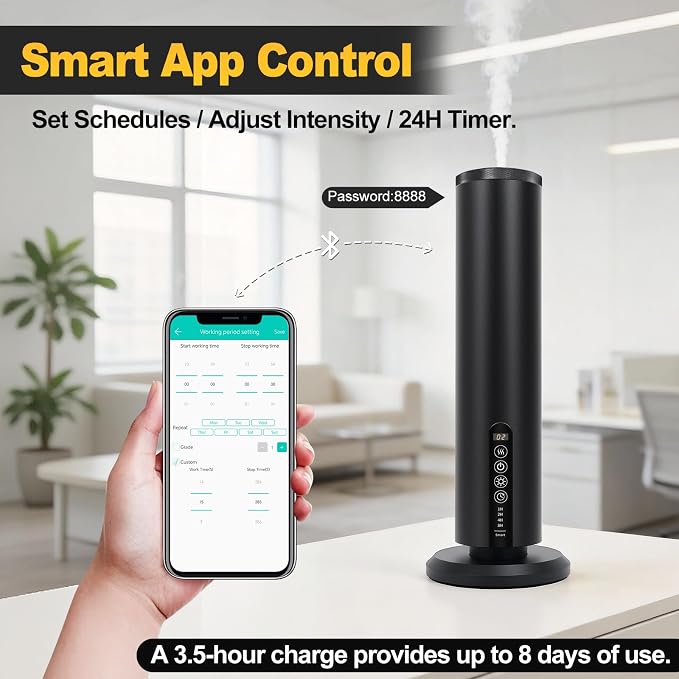 Hotel Waterless Scent Diffuser Starter Kit | 1500 Sq Ft Cold Air Essential Oil Diffuser with Bluetooth | Rechargeable Cordless Portable | Bedroom Office Home Spas | 4 X 20ml Hotel Essential Oil