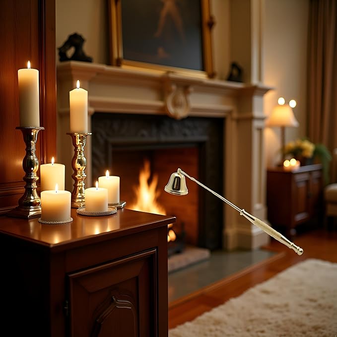 Gold Metal Candle Snuffer with Long Handle,Wick Extinguisher,Elegant Home Decor, Candle Accessories and Fireplace Tools (Antique Gold Finish)