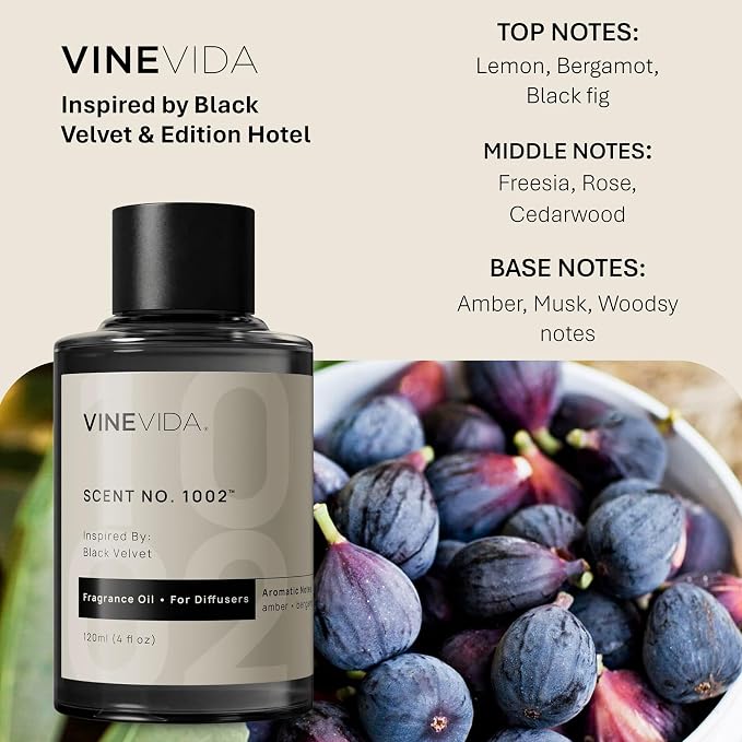 VINEVIDA [4 Fl Oz] Scent NO.1002 Inspired By Black Velvet Fragrance Oil For Cold Air Diffusers, Aromatic Notes of Amber Bergamot Rose, Essential Oils for Diffuser Oil Refill & Air Freshener Room Spray