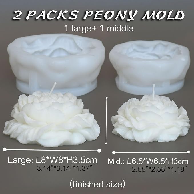 2 Pack 3.14 inch Peony Candle Molds Set - Large & Medium 2.55inch Silicone Mold for Soap Candle Making, 3D Flower Reusable Silicone Molds(Peony 2 Pack)