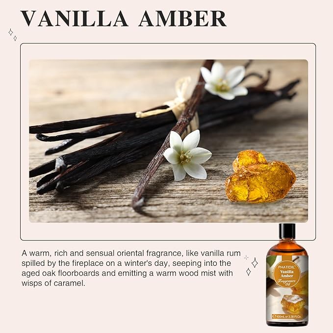 PHATOIL 3.38FL.OZ Vanilla Amber Fragrance Oils for Aromatherapy, Essential Oils for Diffusers for Home, Perfect for Diffuser, Yoga, Skin Care, DIY Candle and Soap Making - 100ml