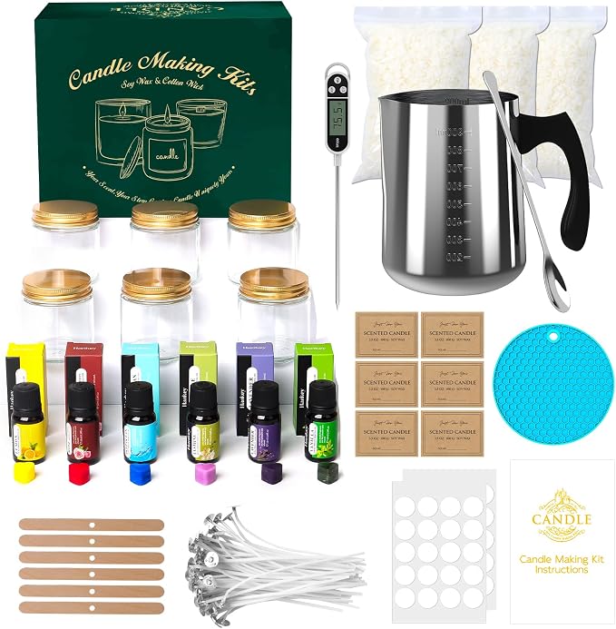 Aeraroma Candle Making Kit for Adults, Soy Candle Making Kit for Beginner - DIY Starter Candle Making Supplies with 900ml Candle Make Pouring Pot & Glass Jars, Perfect for Home Decorations