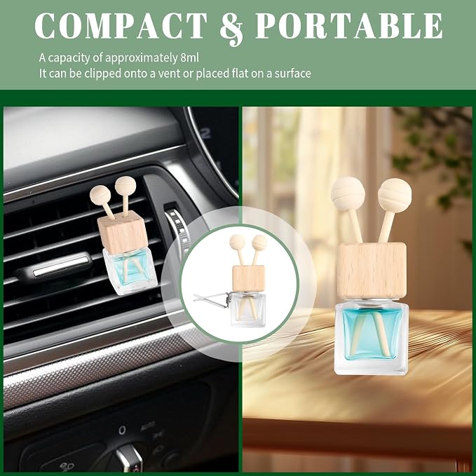 2PCS Car Diffuser Bottle with Vent Clip,Refillable Car Air Freshener with Wooden Lid and Stick,Transparent Empty Cars Diffuser Bottles as Cars Diffusers for Essential Oils