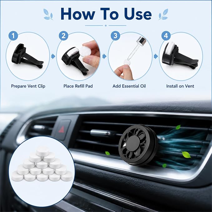 100Pcs Car Air Freshener Refill Felt Pads, 17 mm Unscented Essential Oil Perfumes Refill Pads for Car Air Freshener Clips Universal Essential Oil Diffuser Pad for Custom Fragrance