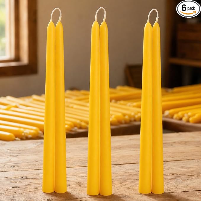 12 inch Natural Beeswax Taper Candles Set of 6, DEYBBY Smokeless and Dripless Organic Pure Beeswax Candles for Home Dinner Decor Emergency Housewarming Gift, 9-10Hrs Burning, Nontoxic