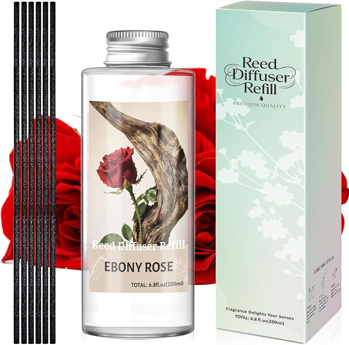 STRN Reed Diffuser Oil Refill, Ebony Rose Scented Diffuser Oil Refills with 6 Reed Sticks 200ML(6.8fl.oz), Room Fresheners for Home, Long-Lasting Summer Fragrance for Living Room, Bedroom, Office