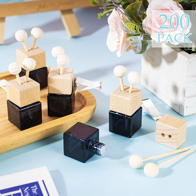 Zubebe 200 Pcs Car Diffuser Bottles Empty Bulk Vent Clip Car Air Freshener Diffuser for Essential Oil Perfume Glass Bottle with Wooden Caps Stick Fragrance Ornament (Black)