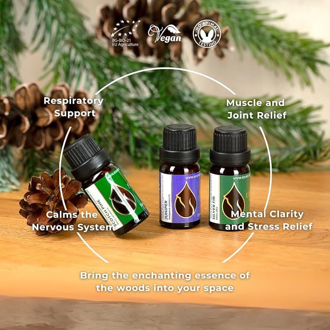 Set Forest Magic - Organic Essential Oils - Scotch Pine + Juniper + Silver Fir - 100% Pure and Natural Undiluted Aromatherapy Stress Relief Fresh Pine Resinous Aromas (3pcs x 10ml)