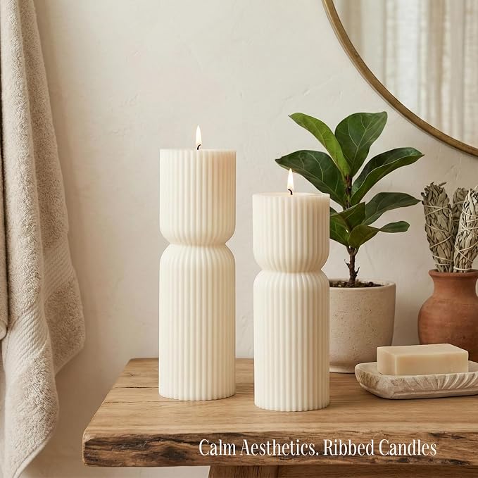 Aesthetic Sandalwood Scented Candles,Ribbed Pillar Candle Set of 2 (7.87" & 9.05" Tall), Natural Soy Wax Minimalist Geometric Decor, Modern Fluted Sculptural Candles for Home,Shelf, Mantel & Gift