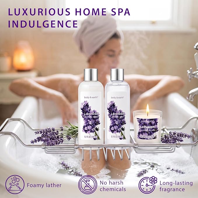 Gift Set for Women Body & Earth Gifts Set Lavender Gift Baskets For Women Bath Sets with Bubble Bath Body Lotion Scented Candle Mother‘s Day Gifts for mom