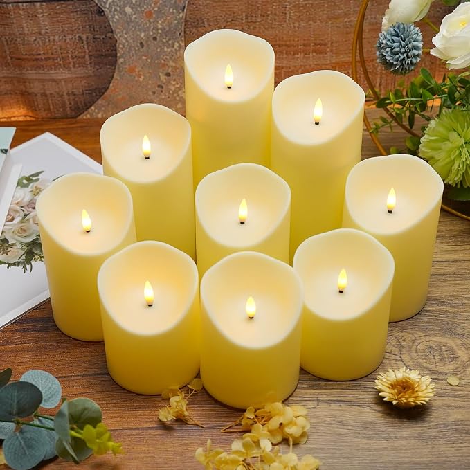 Nimiko Flameless Candles with Remote, Battery Operated Flickering Flameless Candles, LED Candles with Timer 2/4/6/8H, with Realistic LED Candles Set of 9 (D3 x H 3" 4" 5" 6" 7") (Ivory)