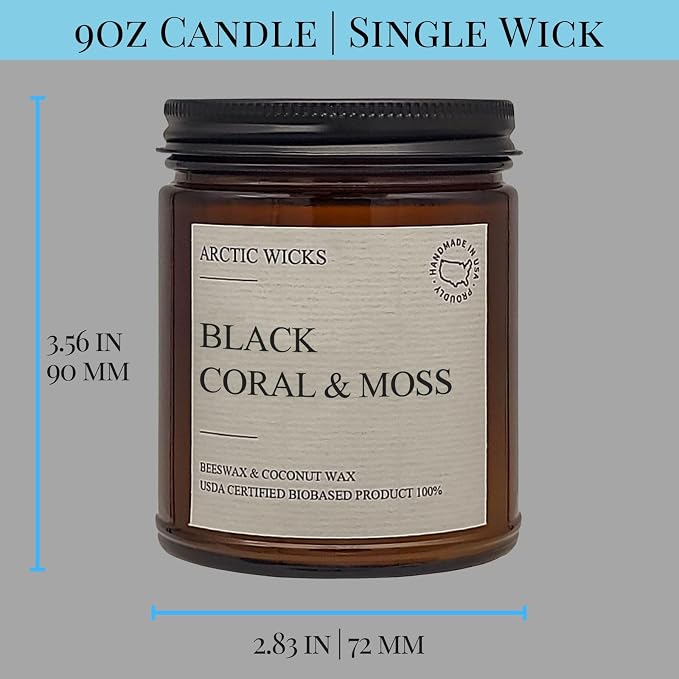 Arctic Wicks Scented Coconut Beeswax Candles | Coconut Beeswax Non Toxic Candle 9oz Amber | Farmhouse Candles Non-Toxic Clean Burn 100% USDA Certified Biobased (Black Coral & Moss)