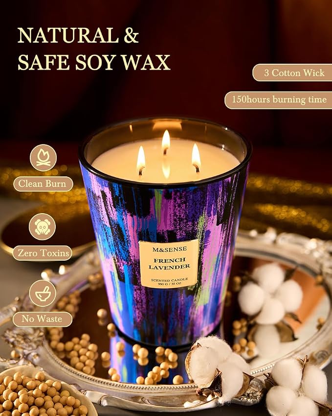 M&SENSE Wild Lavender Scented Candle, Large Jar, 35oz | 150H Burn Time, Non-Toxic Natural Soy Wax, Aromatherapy for Yoga & Sleep, Summer Decor, Self Care Gifts