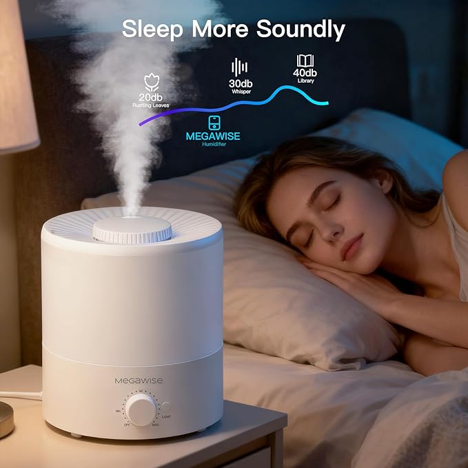 Megawise Cool Mist Humidifiers for Bedroom, 2L Tank Ultra-Quiet Humidifier for Large Room, 40H Runtime with 7 Color Ambient Light, Auto Shut-Off Protection
