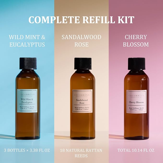 COCORRÍNA Reed Diffuser Refill Set, 10.2oz Scented Oil Refill 3 Pack, Sandalwood Rose, Cherry Blossom, Wild Mint & Eucalyptus, Long Lasting Oil Diffuser Refill with18 Sticks for Bathroom & Bedroom