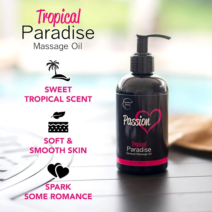 Passion Sensual Massage Oil for Date Night | 100% Natural Body Oil for Couples with Jojoba & Almond | Aromatherapy & Relaxing Massage Therapy | Valentines Day Gifts for Her | Tropical Paradise Scent