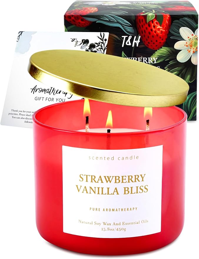 Strawberry Vanilla Bliss 3-Wick Soy Candle | 15.8 oz Large Aromatherapy Candle for Home | Clean Burn Long Lasting | Berry Vanilla Scent | Gift Ready