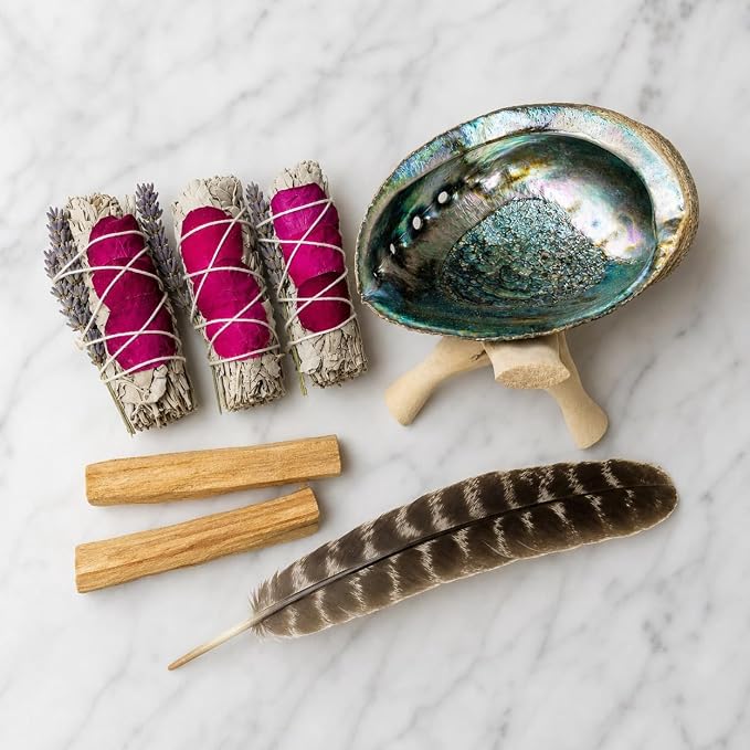 Tomoko White Sage Smudge Kit - 3 White Sage with Rose and Lavender, 2 Palo Santo, Abalone Shell, Wooden Tripod Stand & Feather! Healing, Purifying, Meditating, Incense & Cleansing