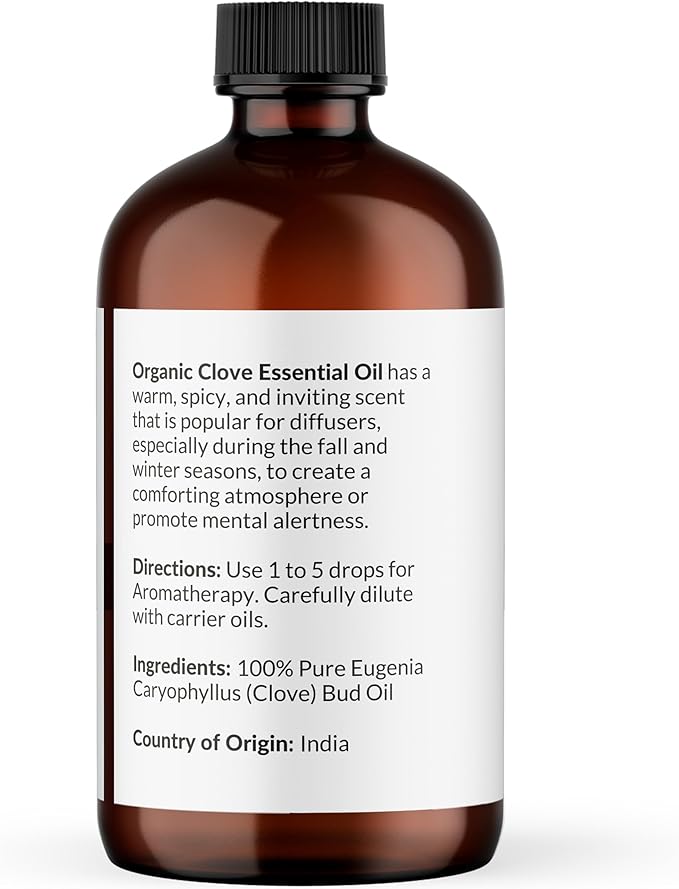 NaturoBliss Organic Clove Essential Oil 1 oz – 100% Pure, Natural, Undiluted for Toothache, Sore Muscles, Skin & Hair Care - Soothing Clove Bud Oil for Aromatherapy, Warm Spicy Aroma