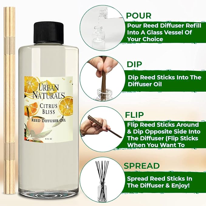 Urban Naturals Reed Diffuser Oil Refill Citrus Bliss with Mandarin, Grapefruit, Lemon Water, Clementine, Green Notes 8 oz + Free Reed Sticks, Made in the USA