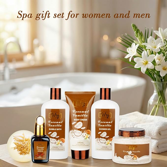 Coconut Vanilla Spa Gifts Bath Kit, 7Pcs Moisturizing Gift Set for Women Men