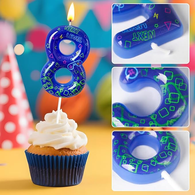 Number 8 Birthday Candle for Cake – Blue Gaming Theme Number Candle with “Next Level” Design, Video Game Style Cake Topper for Anniversary & Celebration