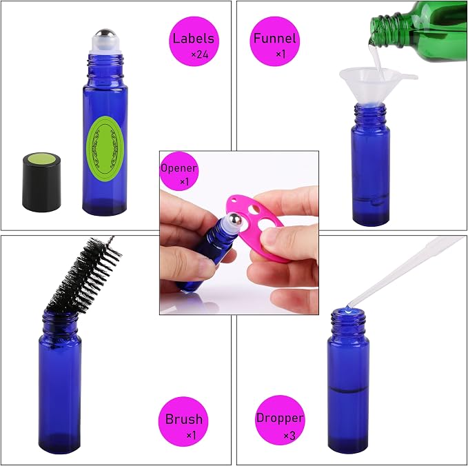 inice 12 Pack Essential Oil Roller Bottles 10ml Cobalt Blue Glass Bottles Stainless Steel Roll On Ball for Daily Care