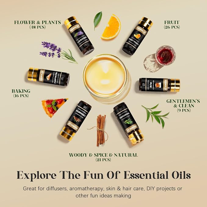 Essential Oils Set -120 Pcs Aromatherapy Essential Oil Kit for Diffuser, Humidifier, Massage, Skin Care, Candle Making - Fruity, Floral, Bakery, Mens, Woody & Herbal Essential Oil Gift Set
