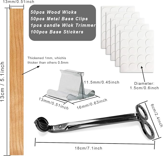 Wood Wicks for Candles Making, 100pcs Wood Candle Wicks, Include 50pcs 5.1 X 0.5 Inch Candle Making Wicks and 50pcs Iron Stand Naturally Smokeless,Wooden Candle Wicks with Black Trimmer for DIY.
