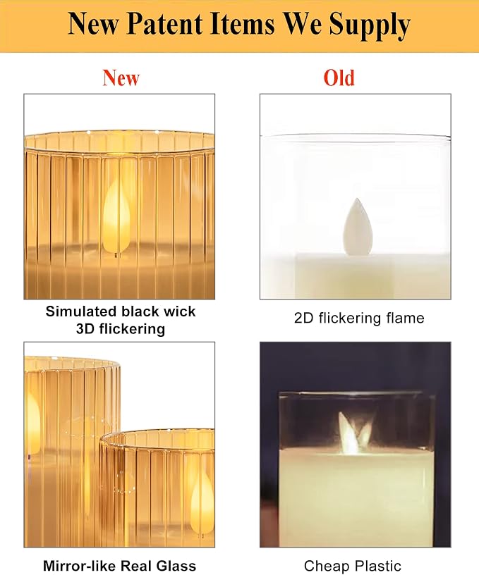 ANGELLOONG Glass LED Flameless Candles Battery Operated with Remote Control, Flickering Candles with Timer, Electric Gold Candles for Home Bathroom Fireplace Decor, Set of 3
