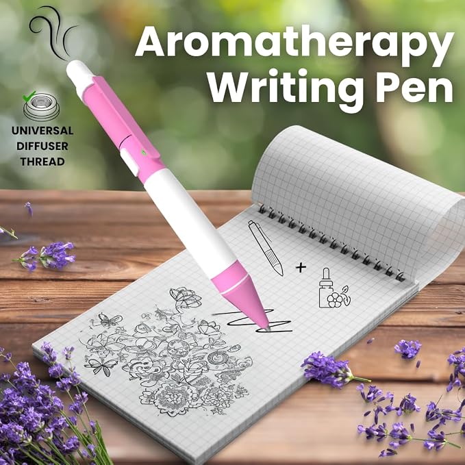 Aromatherapy Writing Pen Battery with Real Ink Tip and Hidden Diffuser Port, Soft Touch Ballpoint for Note Taking, Signature, and On-The-Go Relaxation, Rechargeable Wellness Gift for Office (Pink)