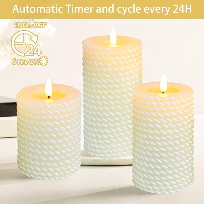 Flameless Candles Set of 3, White Real Wax Rope Theme Battery Operated LED Candles with Remote Control and Timer for Gift Home Festival Decor