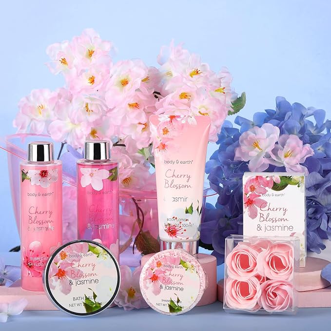 Body & Earth Gift Baskets for Women Bath and Body Set for Her, Cherry Blossom & Jasmine Spa Gifts for Women , Birthday, Mother's Day Gifts for Wife, Girlfriend, Mom