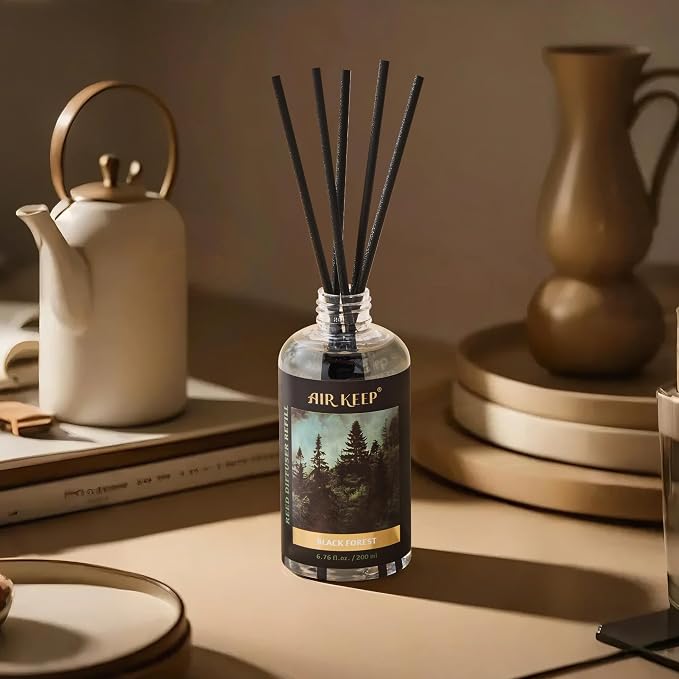 Airkeep Reed Diffuser Oil Refill with Diffuser Sticks, 6.76 Fl Oz(200ml) Black Forest Scented Oils, Aroma Therapy, Home Fragrance & Air Freshener, Office Décor, Decoration