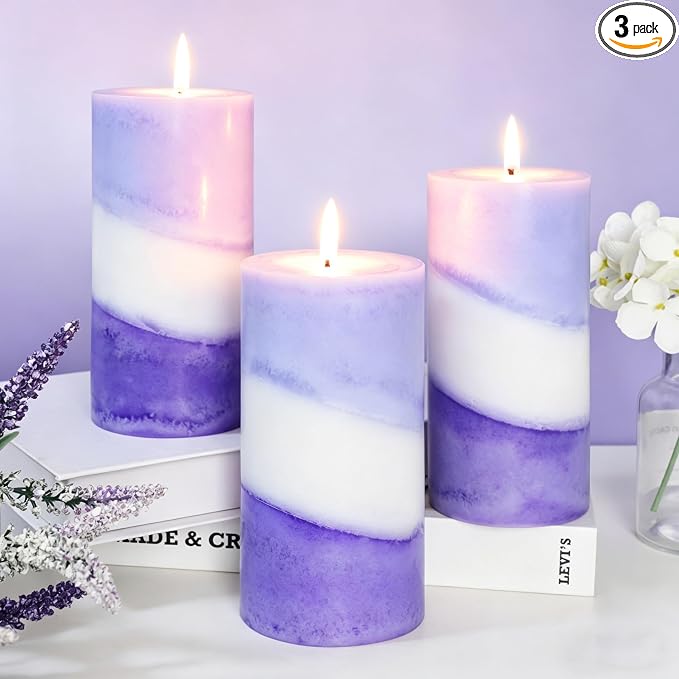 Crystal Club Lavender Scented Pillar Candles, Set of 3 3x6 Inch Purple Pillar Candles, 70+ Hours Long Burning Time, 100% Cotton Wick, Smokeless & Dripless for Home Decor, Relaxation, and Aromatherapy