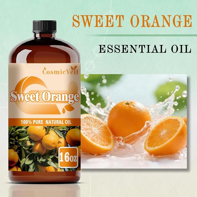 Sweet Orange Essential Oil Sweet Orange Oil for Aroma Diffuser,Humidifier,Home Fragrance,Cleaning,Body Care,Massage,Yoga,DIY Candle,DIY Soap CosmicVeil（Sweet Orange，16 Fl Oz (Pack of 1)）