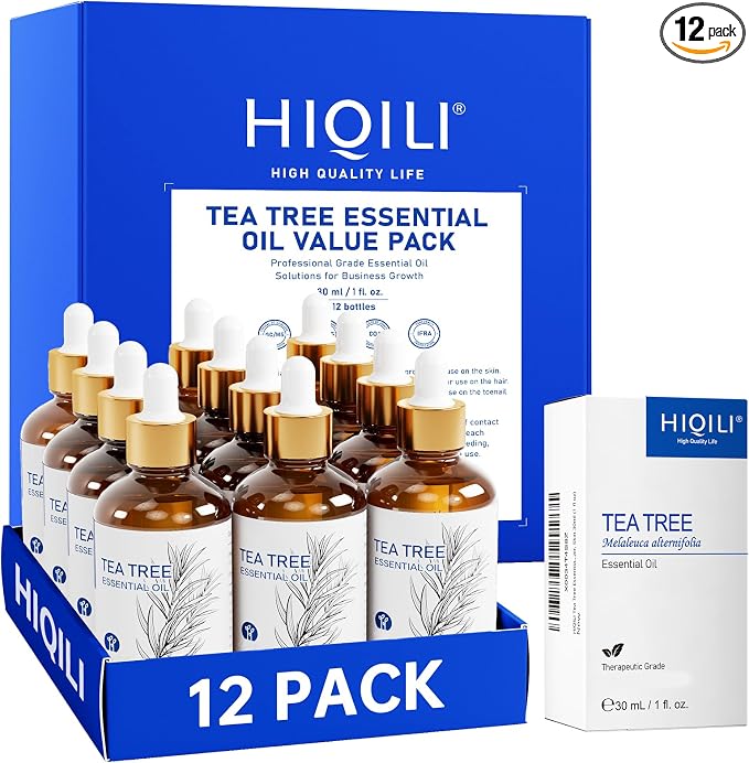 HIQILI Tea Tree Oil Set - 1 fl oz (12 Pack), Bulk Pack for Business Purchase, Ideal for Nail Care, Hair Care, Skin Care, Diffuser, DIY, Holiday Gift & Home Use