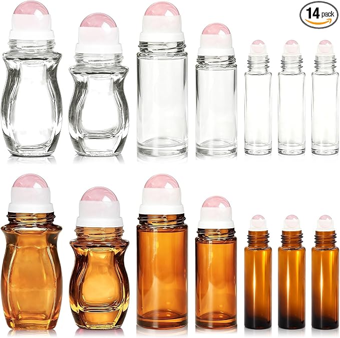 14 Pack Rose Quartz Roller Bottles for Essential Oils, 50ml Refillable Amber Glass Roll On Bottles with Natural Crystal Roller Balls, Leak-Proof Travel Perfume Bottle with Gold Caps