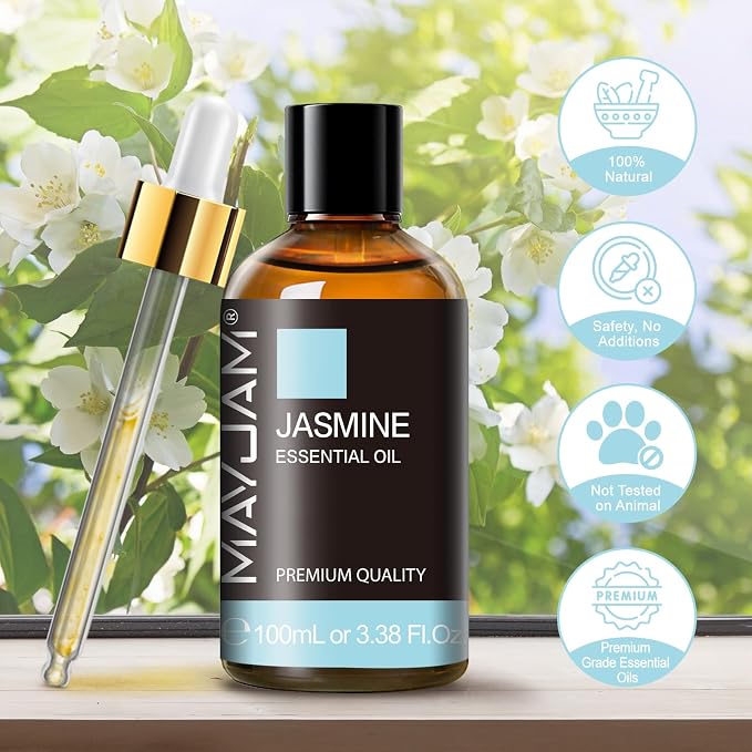 Jasmine Essential Oil with Glass Dropper, MAYJAM Pure Essential Oils for Diffusers for Home, Jasmine Oil for Soap Making, Candle Making, 3.38FL.OZ
