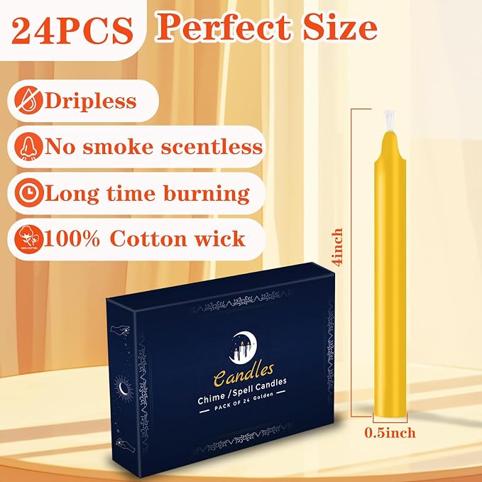 24 Pack Golden Spell Chime Candles – Premium Mini Unscented Taper Candles for Rituals, Prayer, Birthdays, Meditation, Altar, Spells, Chime Candles - 4 Inch Tall - Ideal for Witches