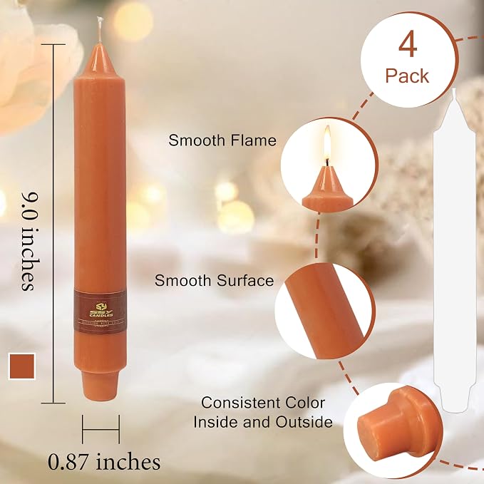 Earth Tone Chunky Taper Candle 9 inch Tall Tapered Candle Pumpkin Unscented Smokeless Long-Lasting Burn Thick Tapered Candle for Fall Harvest Halloween Thanksgiving Dinners Parties and Home Décor