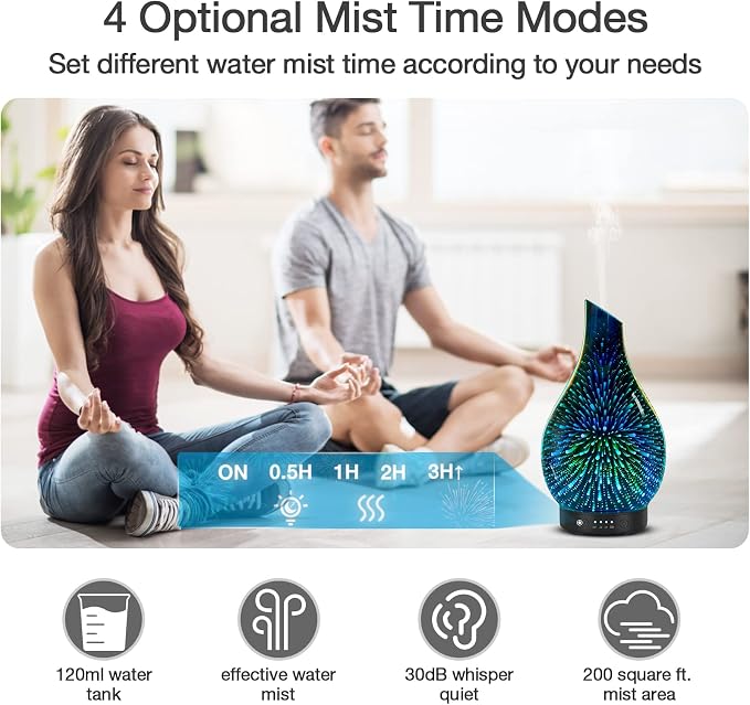 Aromatherapy Essential Oil Diffuser for Home- Art Glass Diffuser for Essential Oils with Waterless Auto Shut-Off 4 Timer 7 Colors LED Night Light for Home Office Decor Gifts for Women